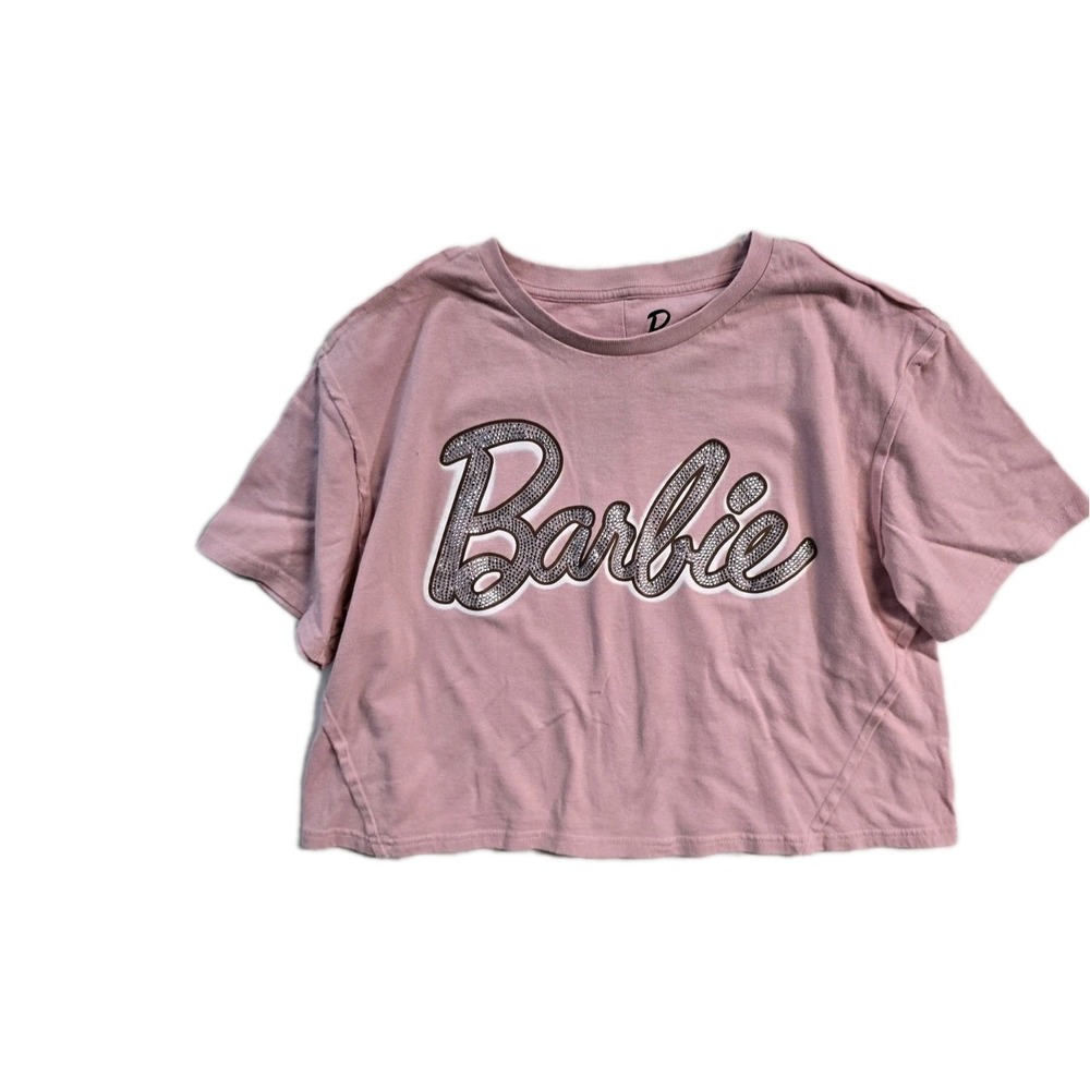 Barbie Pink Semi Crop Tee Shirt Top BLING Raw Seams Junior Women's Size Large